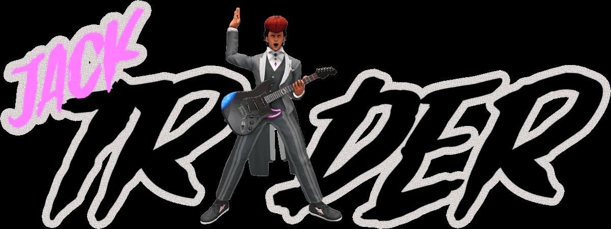 Jack Trader playing electric guitar, with his signature pink and white band lettering